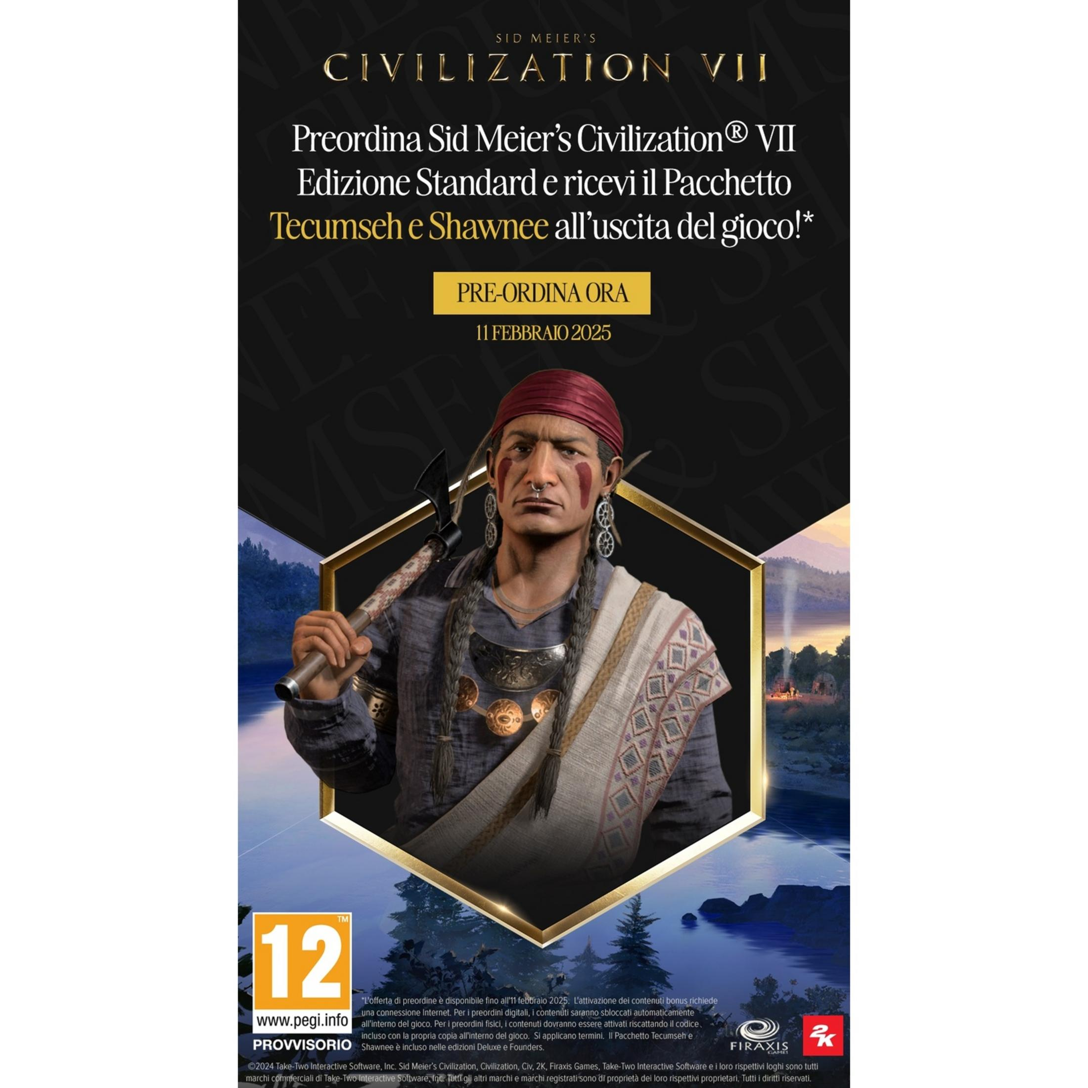 Guerriero nativo americano con ascia e pittura di guerra, promuove il gioco Civilization VII.