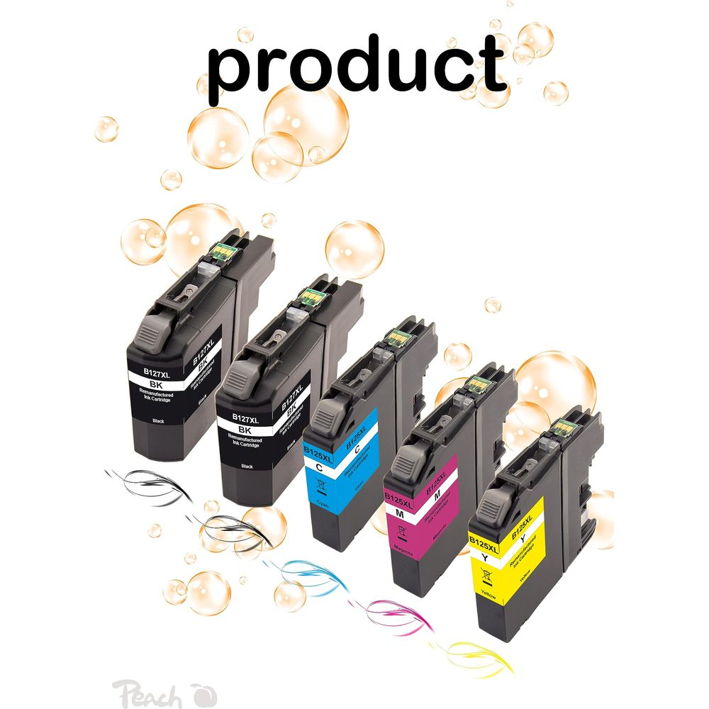 Cinq cartouches d'encre d'imprimante : noir, cyan, magenta, jaune. Fond blanc.