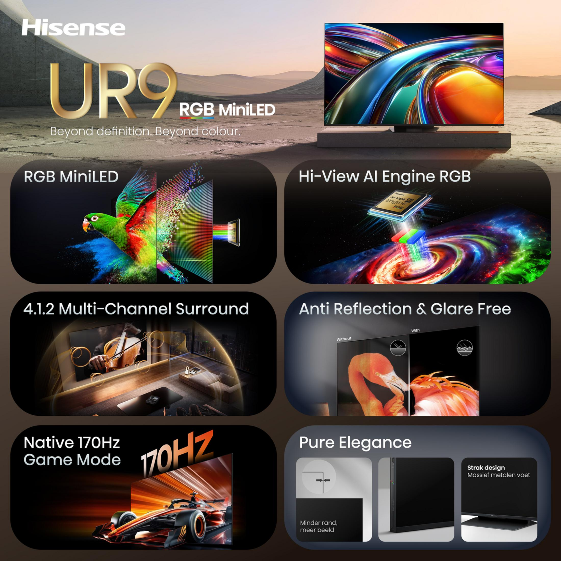 Hisense UR9: RGB MiniLED, Hi-View AI Engine, Surround 4.1.2, Antiriflesso, Gaming 170Hz.