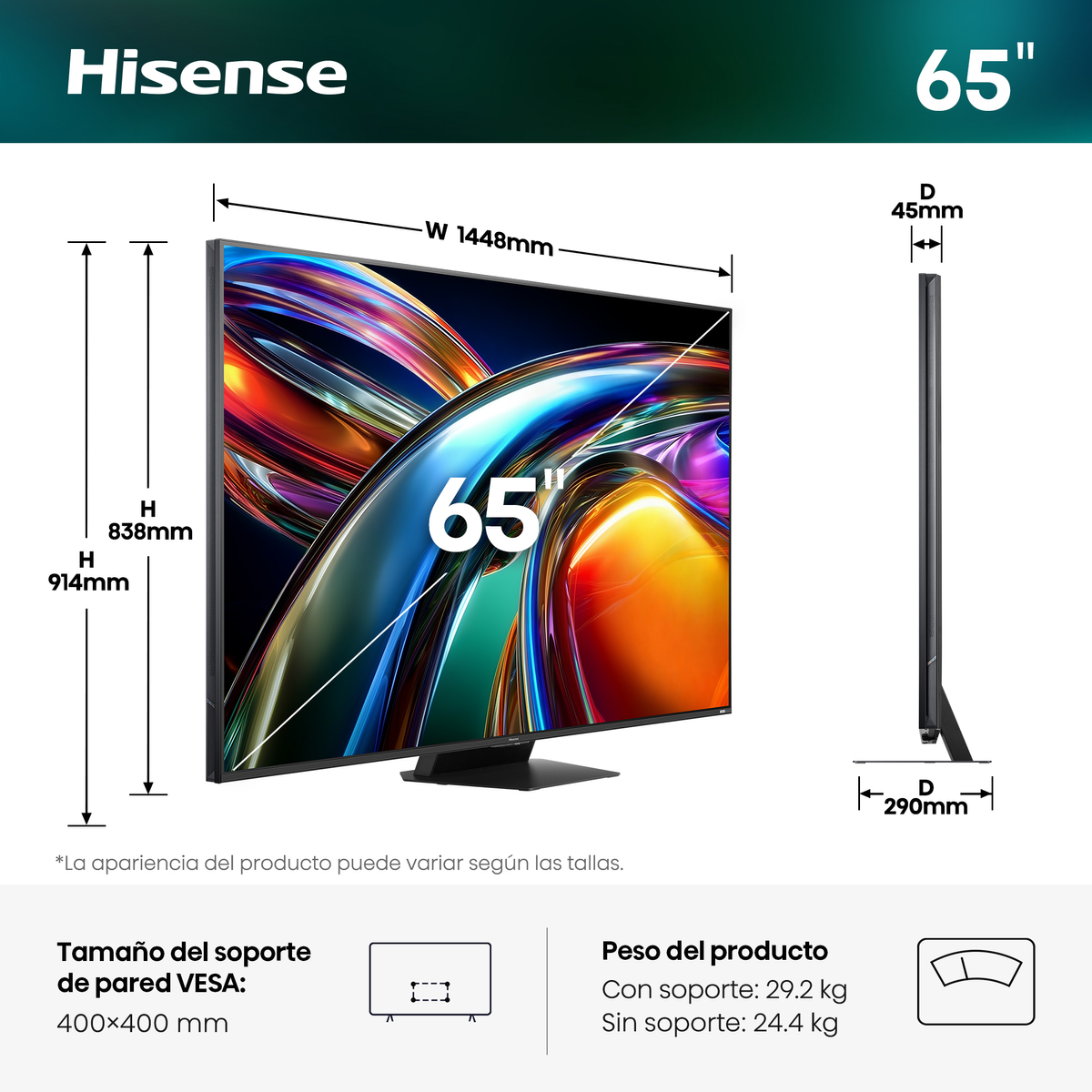 TV Hisense da 65 pollici con dimensioni: L 1448mm, A 914mm, P 290mm.