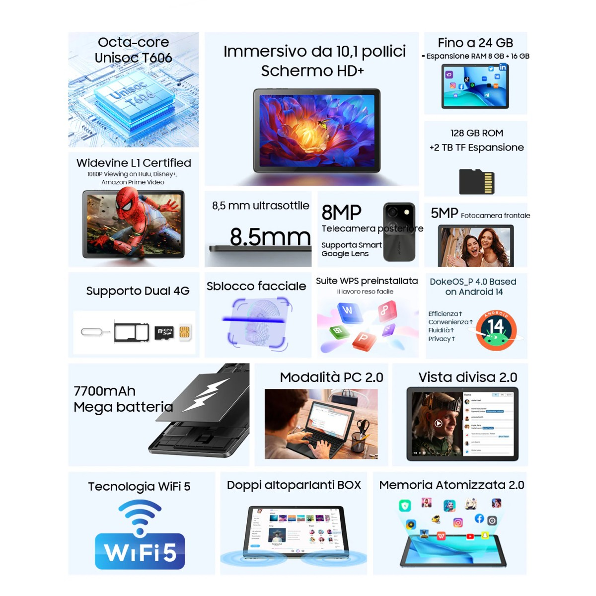 Caratteristiche tablet: processore Octa-core, display HD+ da 10,1 pollici, 8,5 mm sottile, fotocamera 8 MP.