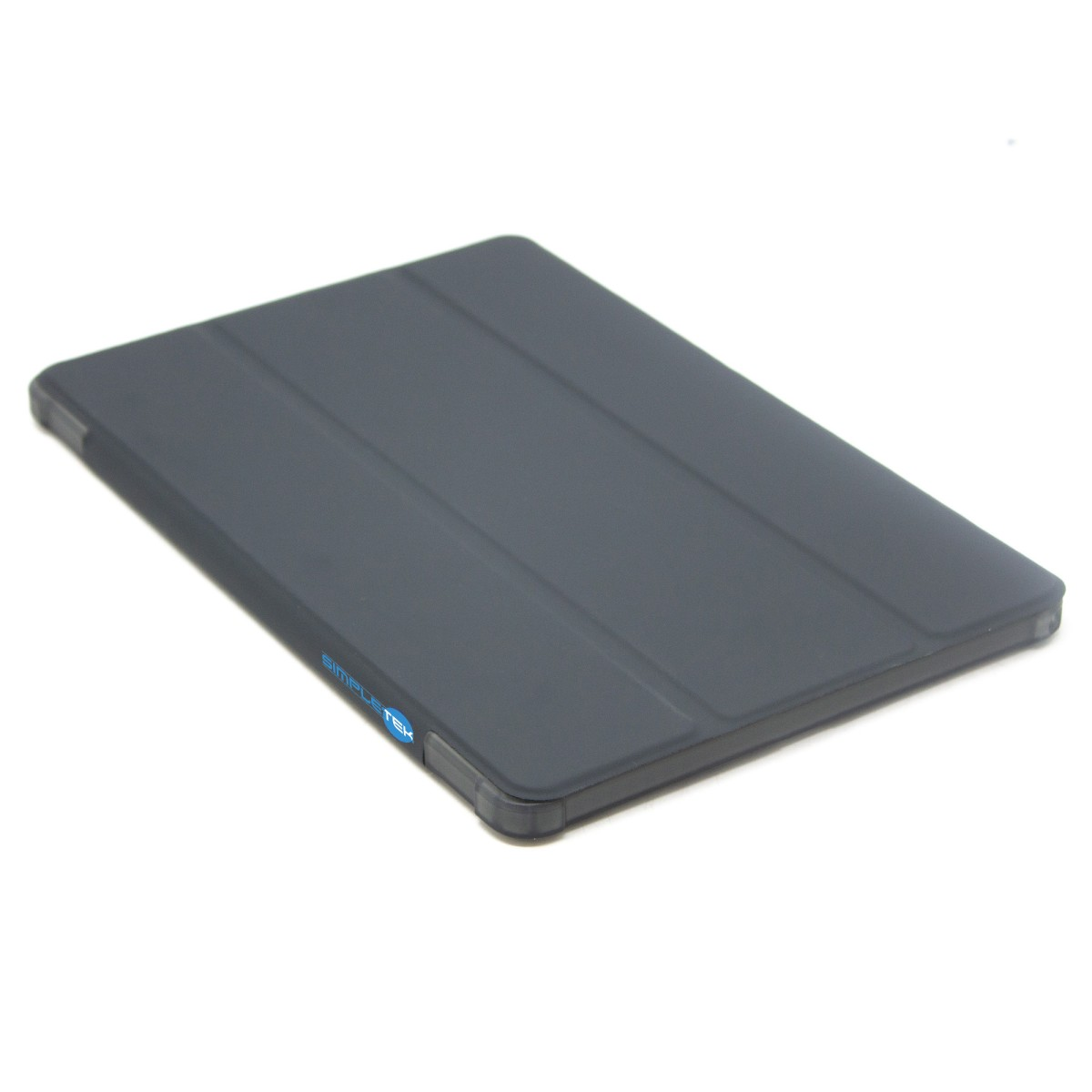 Custodia per tablet grigio scuro con tre pieghe, su sfondo bianco.