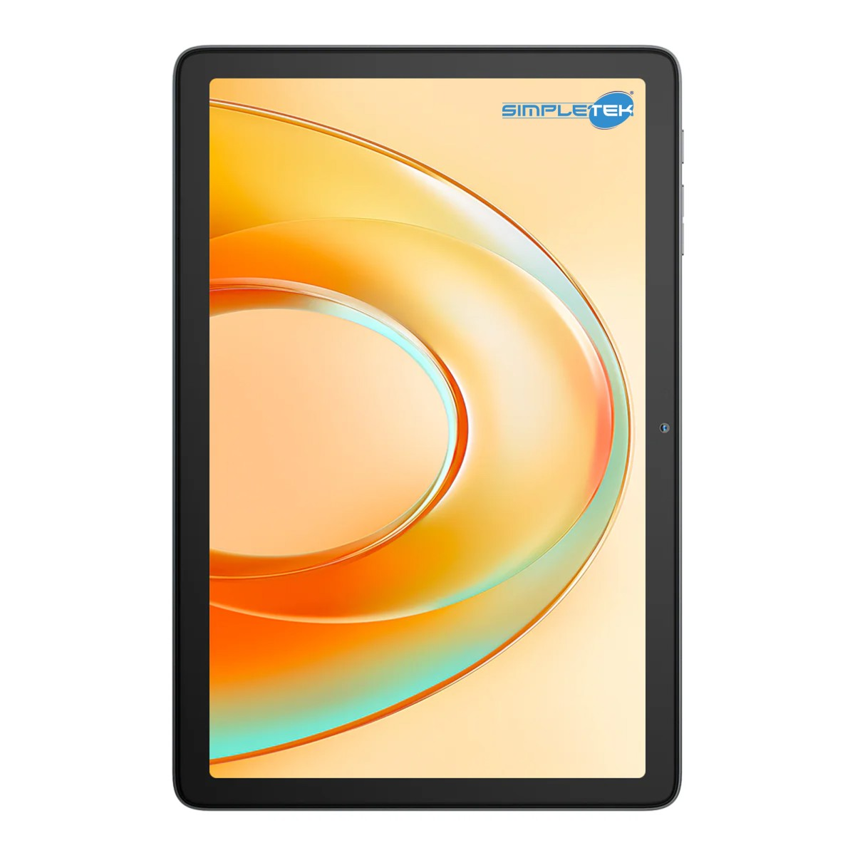 Tablet nero con logo SIMPLETEK e sfondo astratto arancione.