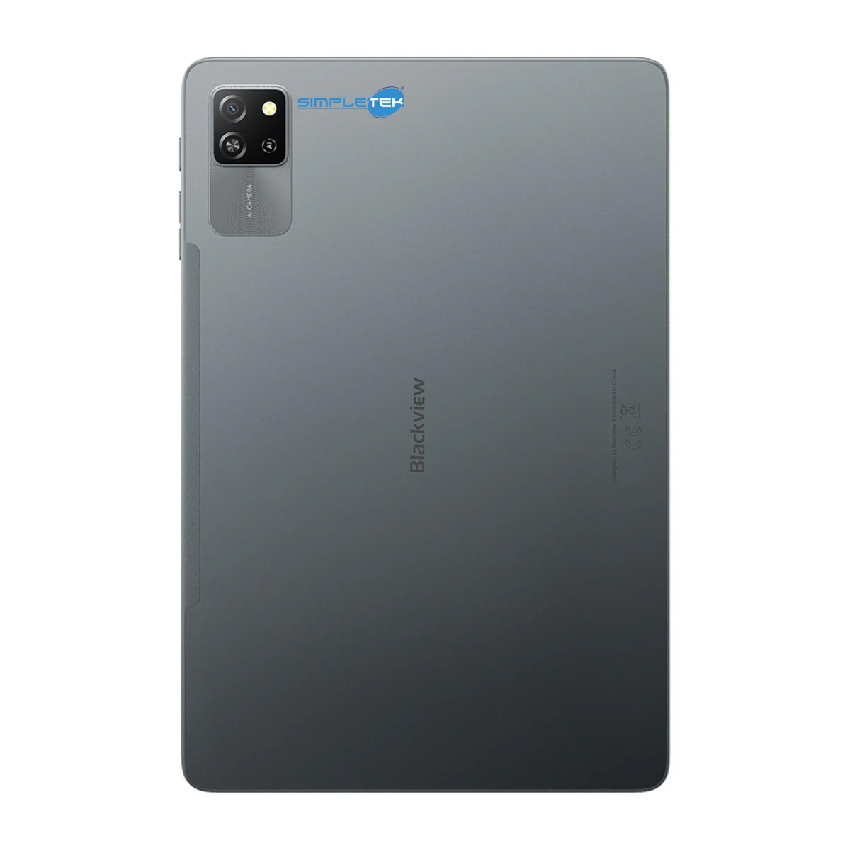 Retro di un tablet grigio con due fotocamere e logo.