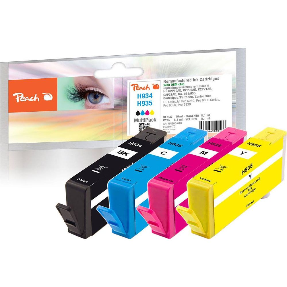 Quattro cartucce d'inchiostro Peach (nero, ciano, magenta, giallo) e confezione con occhio.