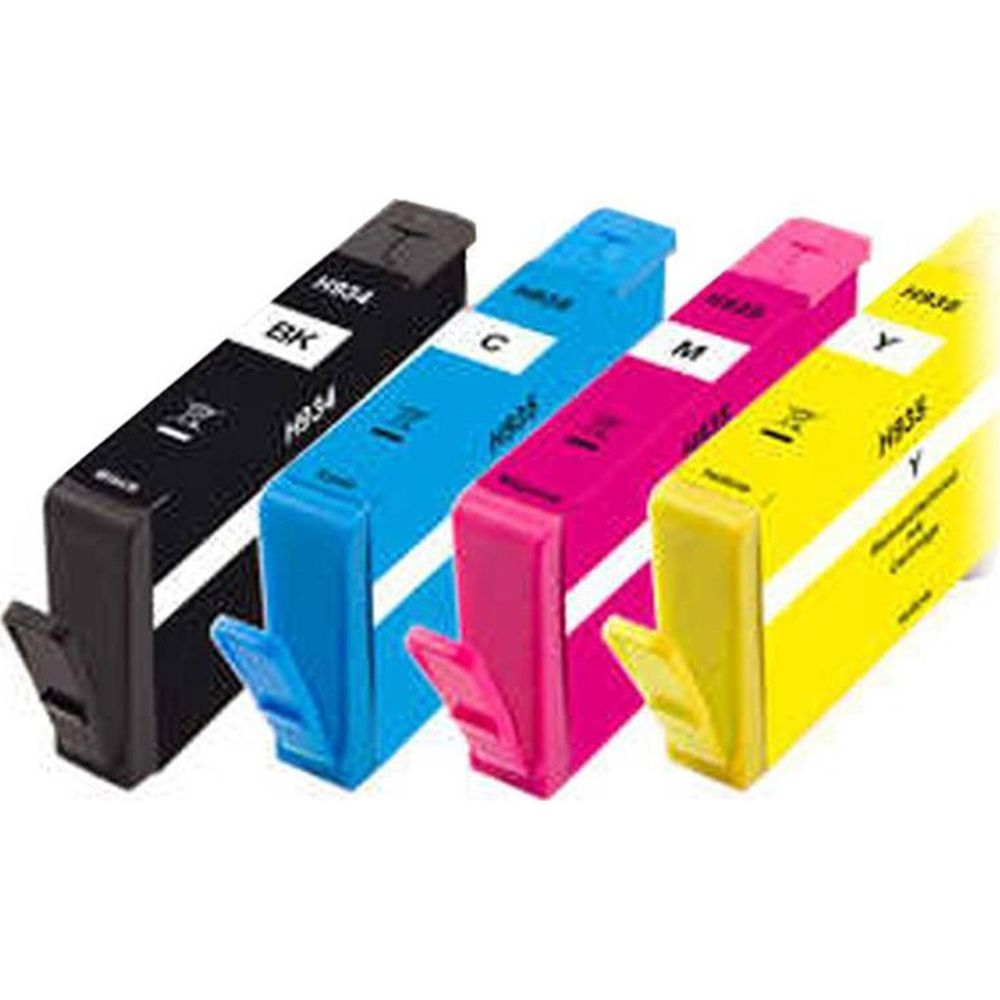 Quattro cartucce d'inchiostro: nero, ciano, magenta, giallo, con etichette bianche e alette.