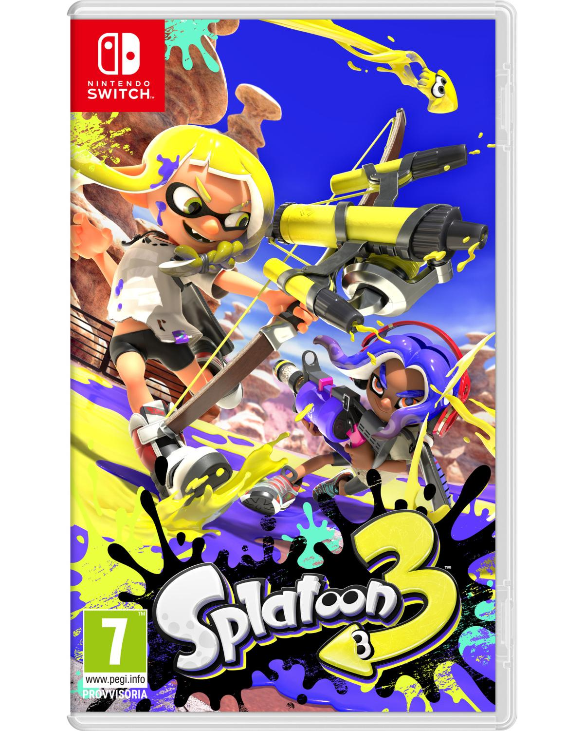Copertina del gioco Splatoon 3 per Nintendo Switch con due personaggi inkling in azione.