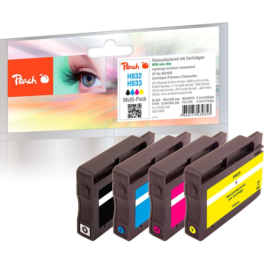Quattro cartucce d'inchiostro Peach (nero, ciano, magenta, giallo) in multipack.