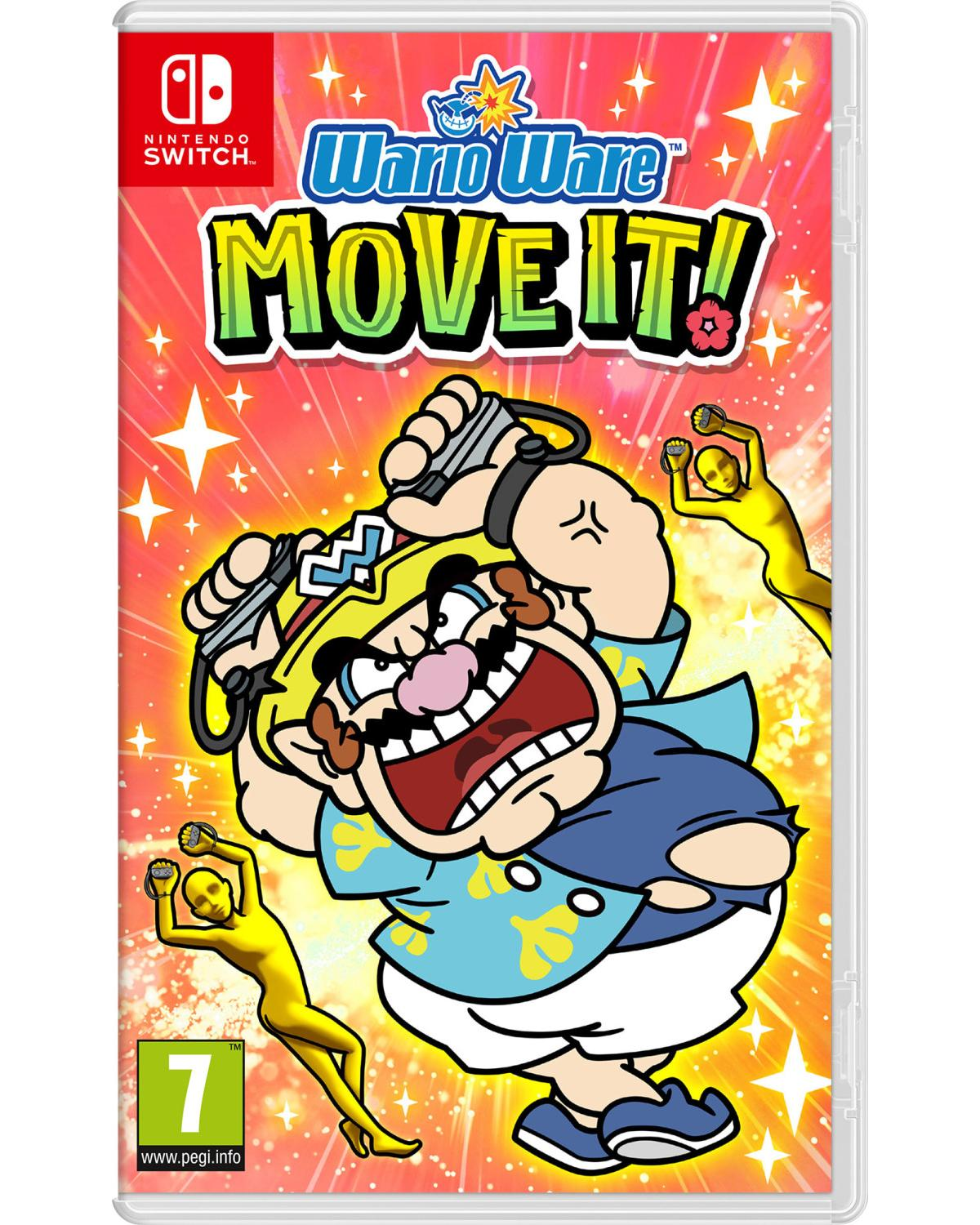 Copertina del gioco Wario Ware Move It! per Nintendo Switch con Wario e figure gialle.