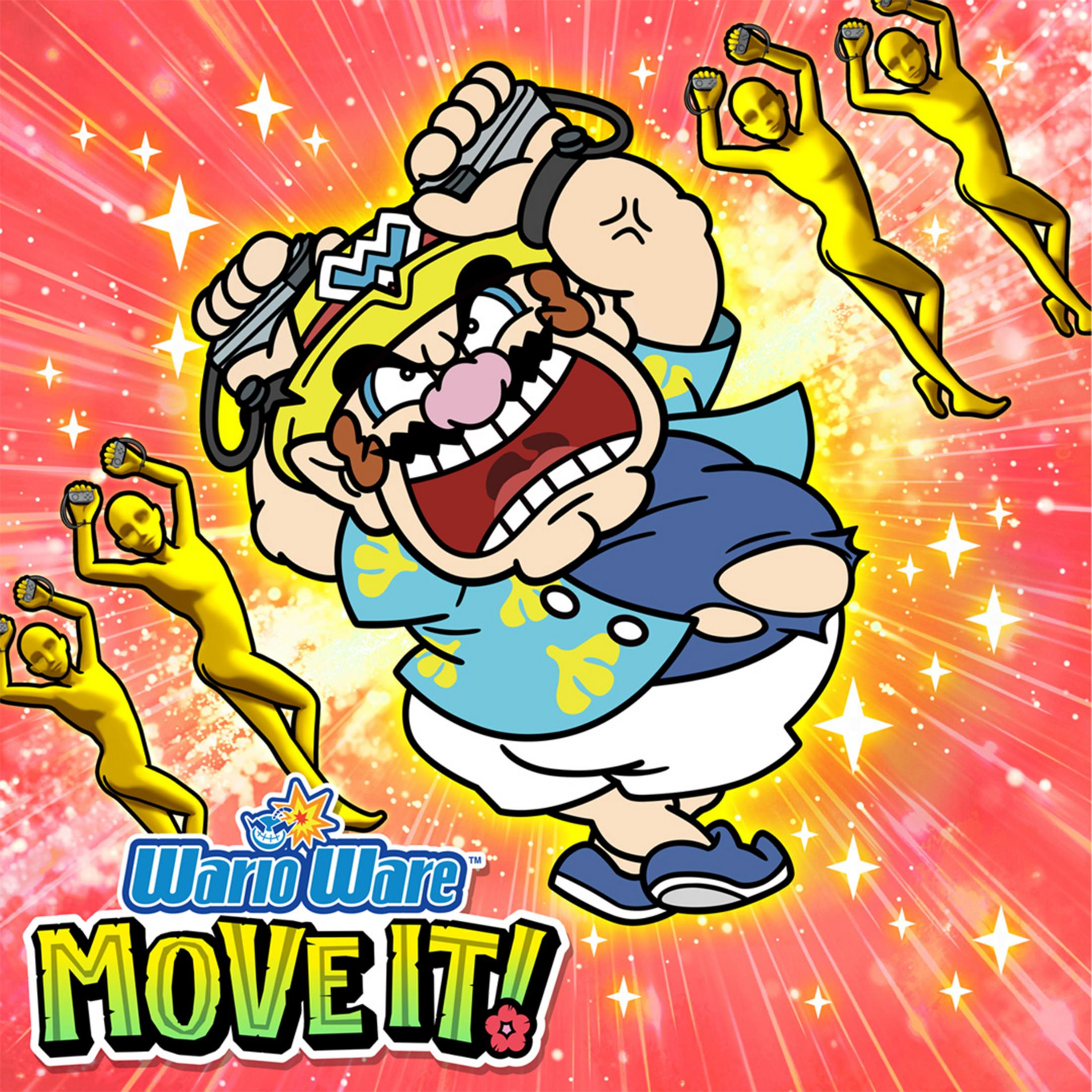 Wario con figure gialle che tengono Joy-Cons su sfondo rosso radiante.