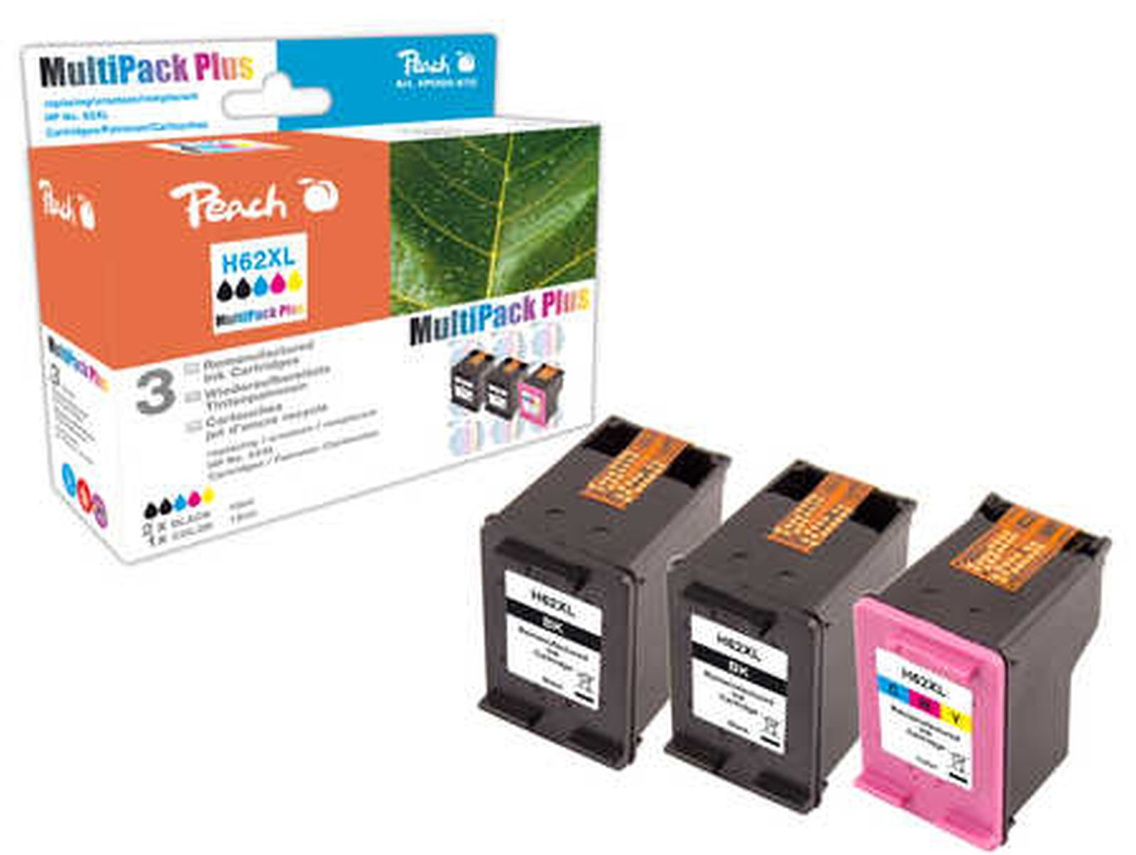Tre cartucce d'inchiostro e una confezione multipack con tre cartucce e motivo a foglia.