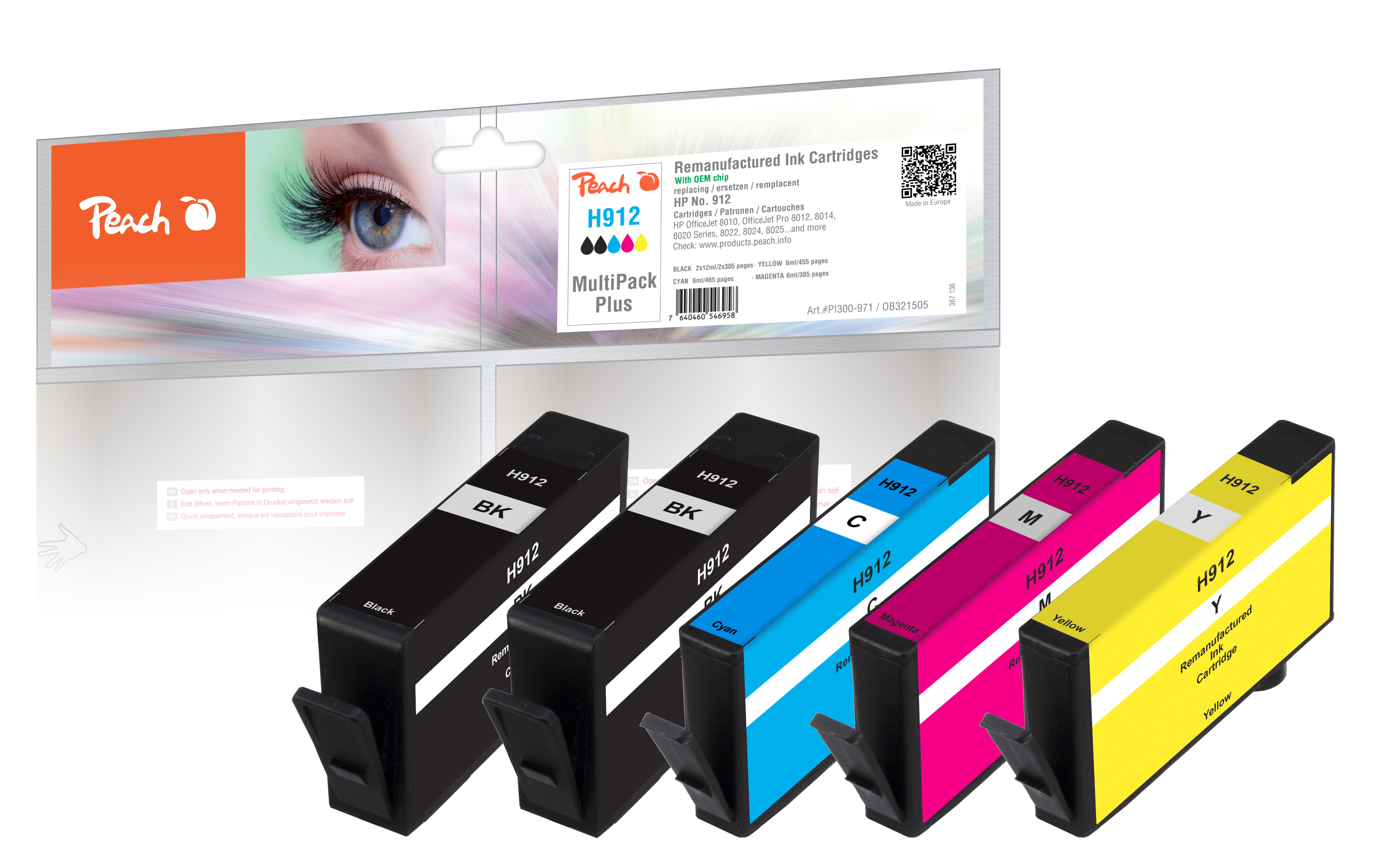 Cartucce d'inchiostro Peach H912 MultiPack Plus: Nero, Ciano, Magenta, Giallo.