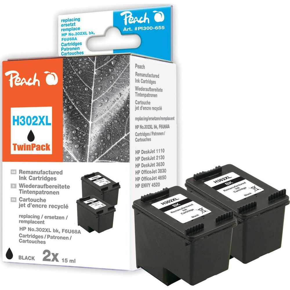 Due cartucce d'inchiostro nere Peach H302XL per stampanti HP in TwinPack.