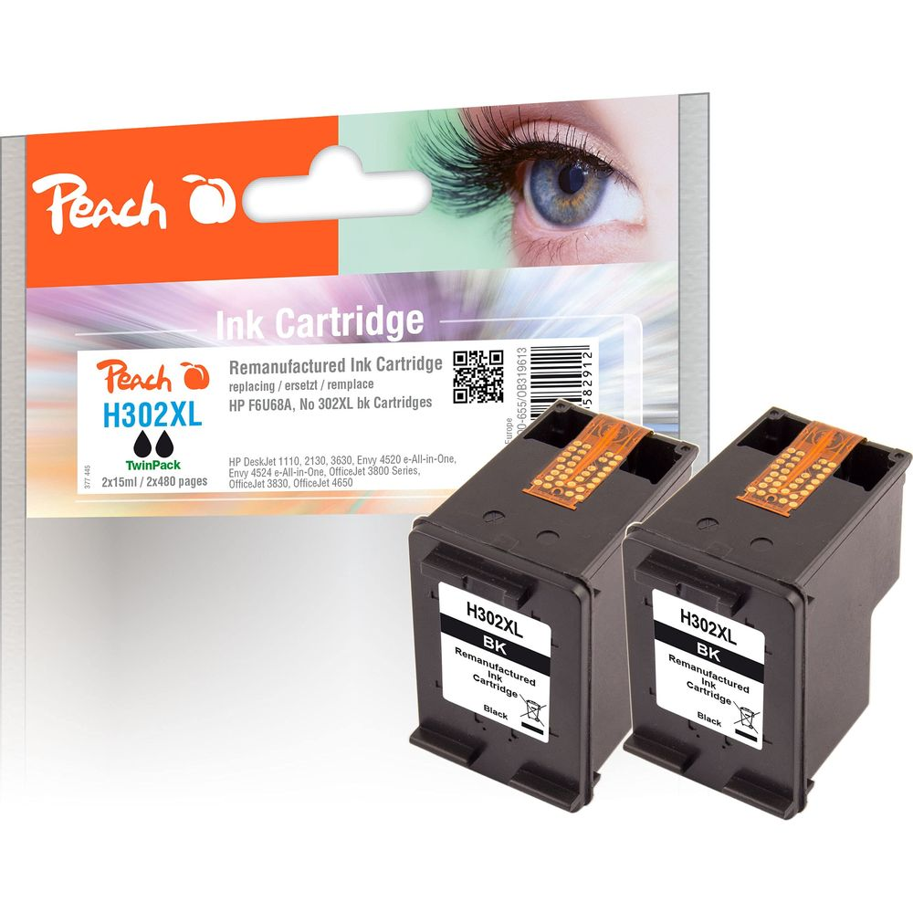 Due cartucce d'inchiostro nere H302XL accanto alla confezione.