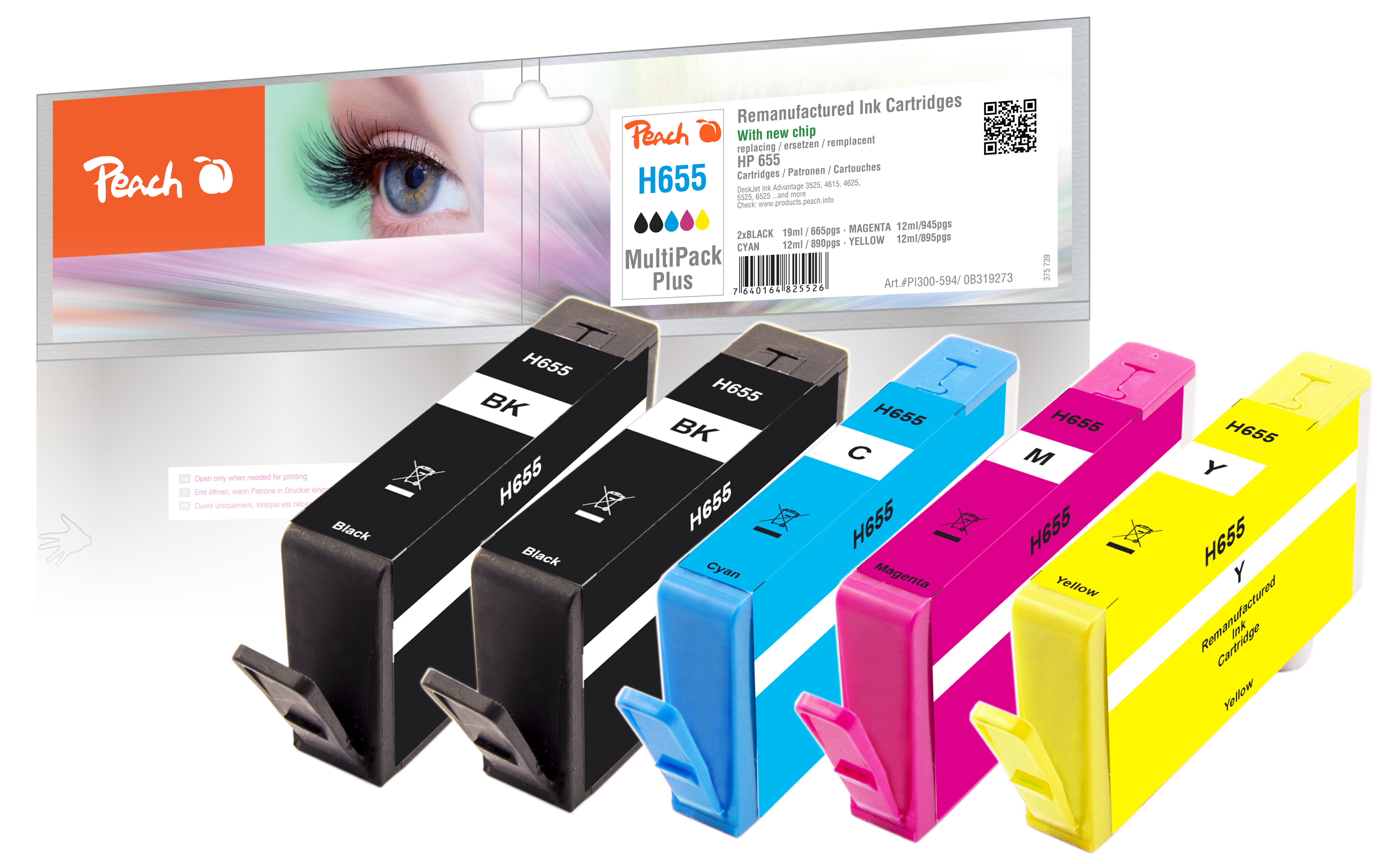 Quattro cartucce d'inchiostro Peach HP 655: Nero, Ciano, Magenta, Giallo. Confezione sfondo.