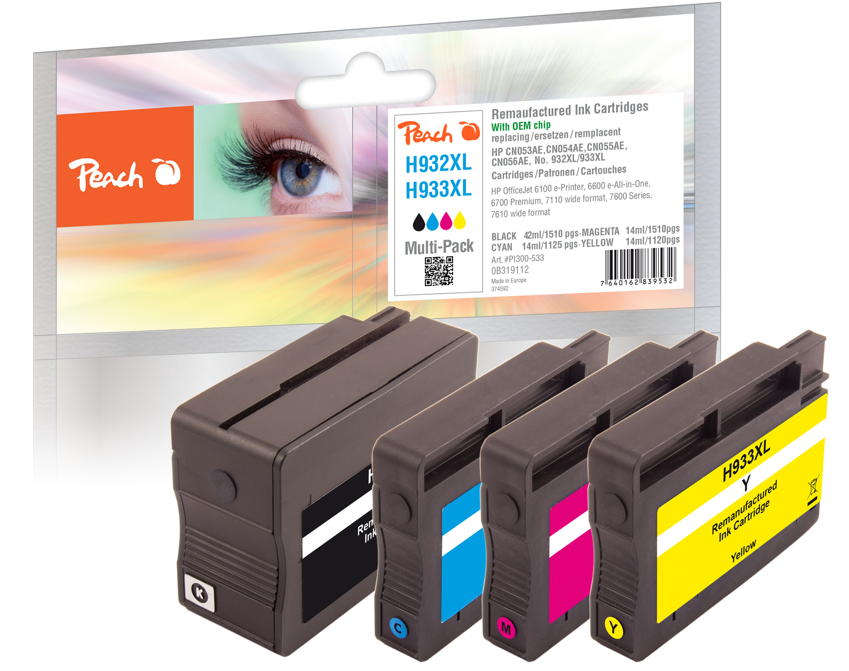 Cartucce d'inchiostro Peach: Nero, Ciano, Magenta, Giallo. Modelli H932XL e H933XL.