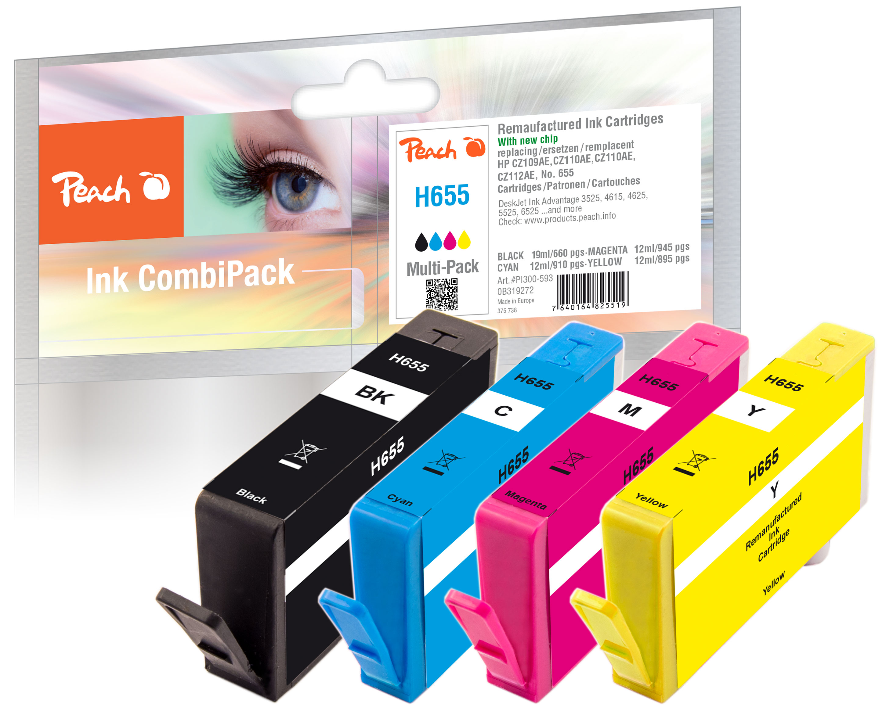 Quattro cartucce d'inchiostro Peach H655: Nero, Ciano, Magenta, Giallo.