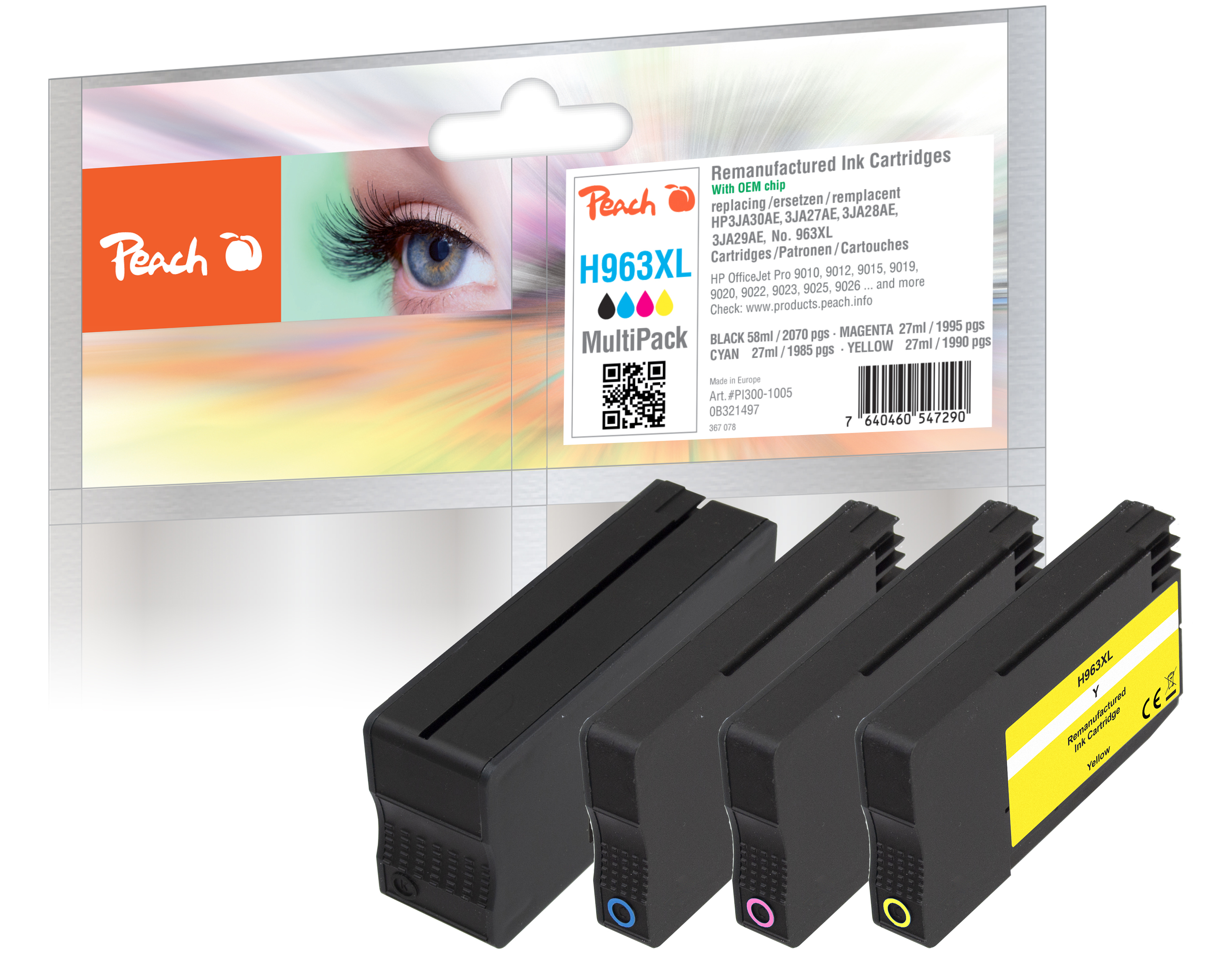 Peach H963XL multipack con 3 cartucce d'inchiostro rigenerate (nero, magenta, ciano) e 1 cartuccia gialla.
