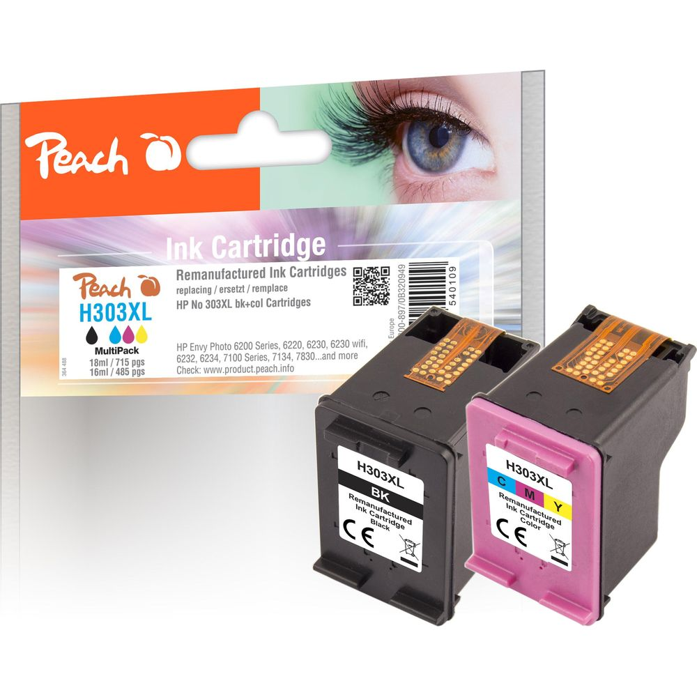 Due cartucce d'inchiostro Peach H303XL, una nera e una colorata, davanti alla confezione.