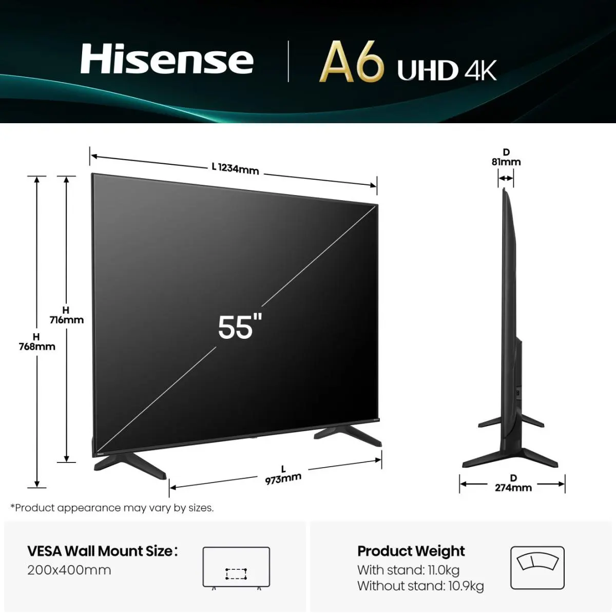 Disegno tecnico di un TV Hisense da 55 pollici con dimensioni e dettagli peso.