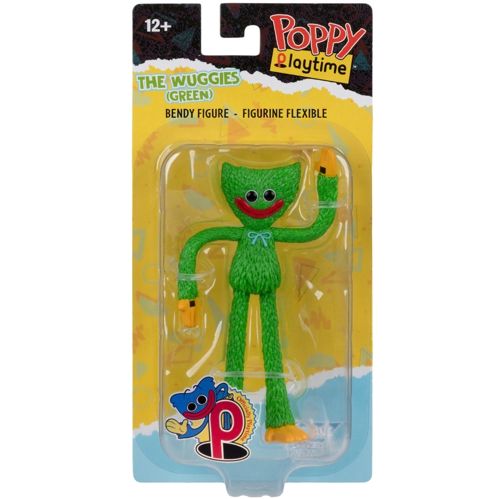 Figura flessibile verde Wuggies in confezione con logo Poppy Playtime.
