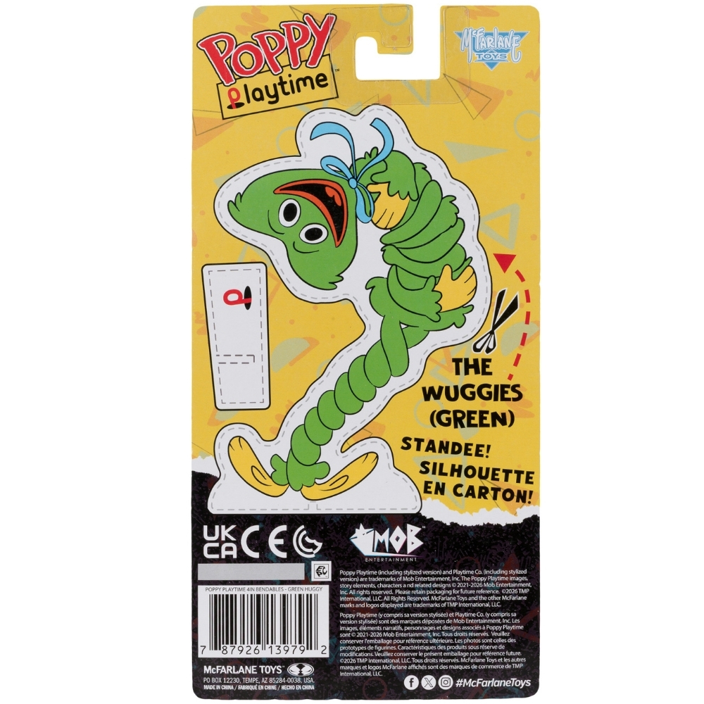 Confezione per una figura verde di Wuggies da Poppy Playtime con istruzioni per il ritaglio.