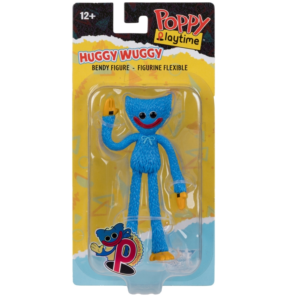Un giocattolo blu Huggy Wuggy in confezione con logo Poppy Playtime.