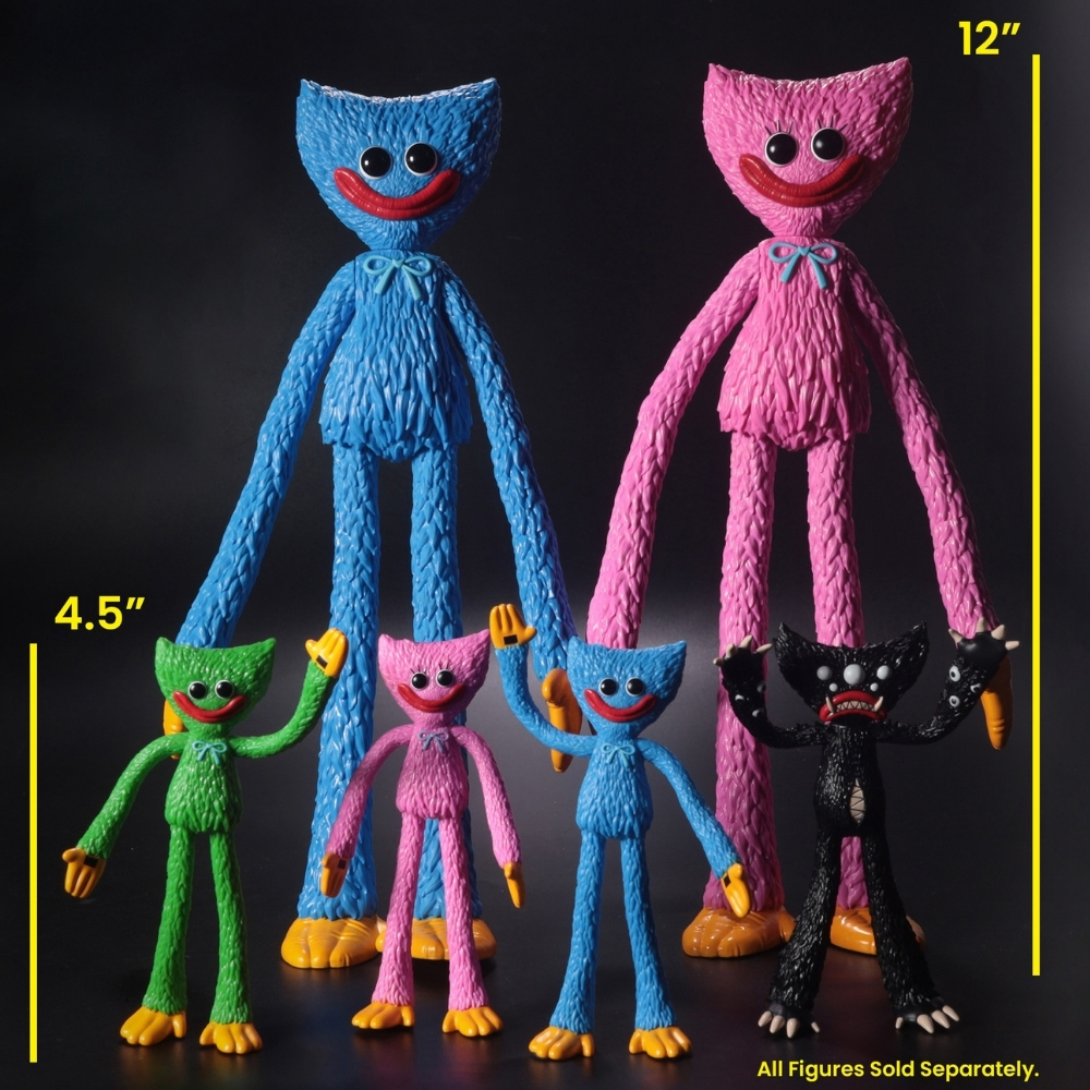 Cinque figure giocattolo: due grandi blu e rosa, tre piccole verdi, rosa, blu e una nera.