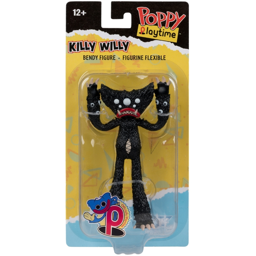 Action figure Killy Willy nera flessibile con occhi multipli e bocca rossa in confezione.