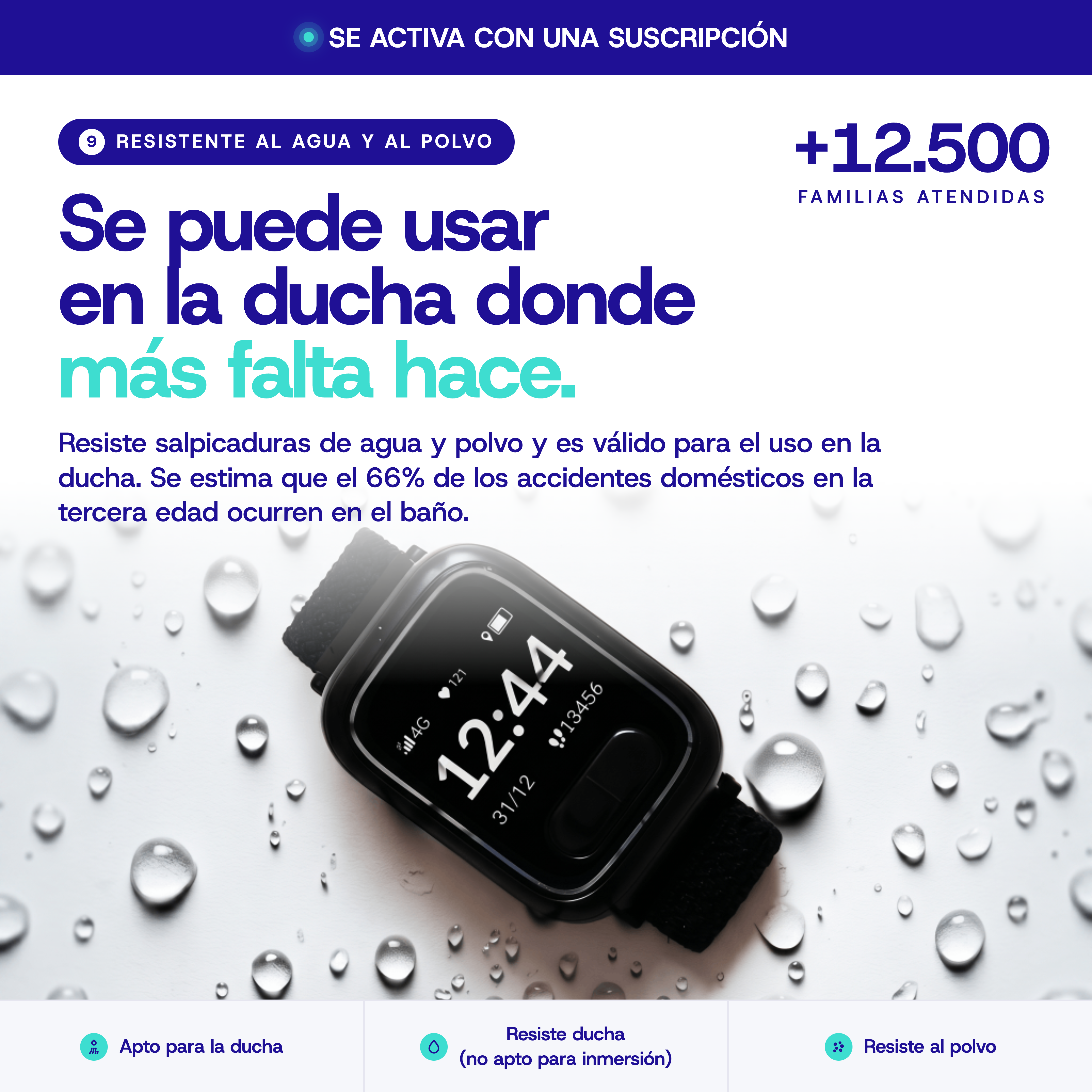 Un smartwatch rodeado de gotas de agua. Es resistente al agua y al polvo.