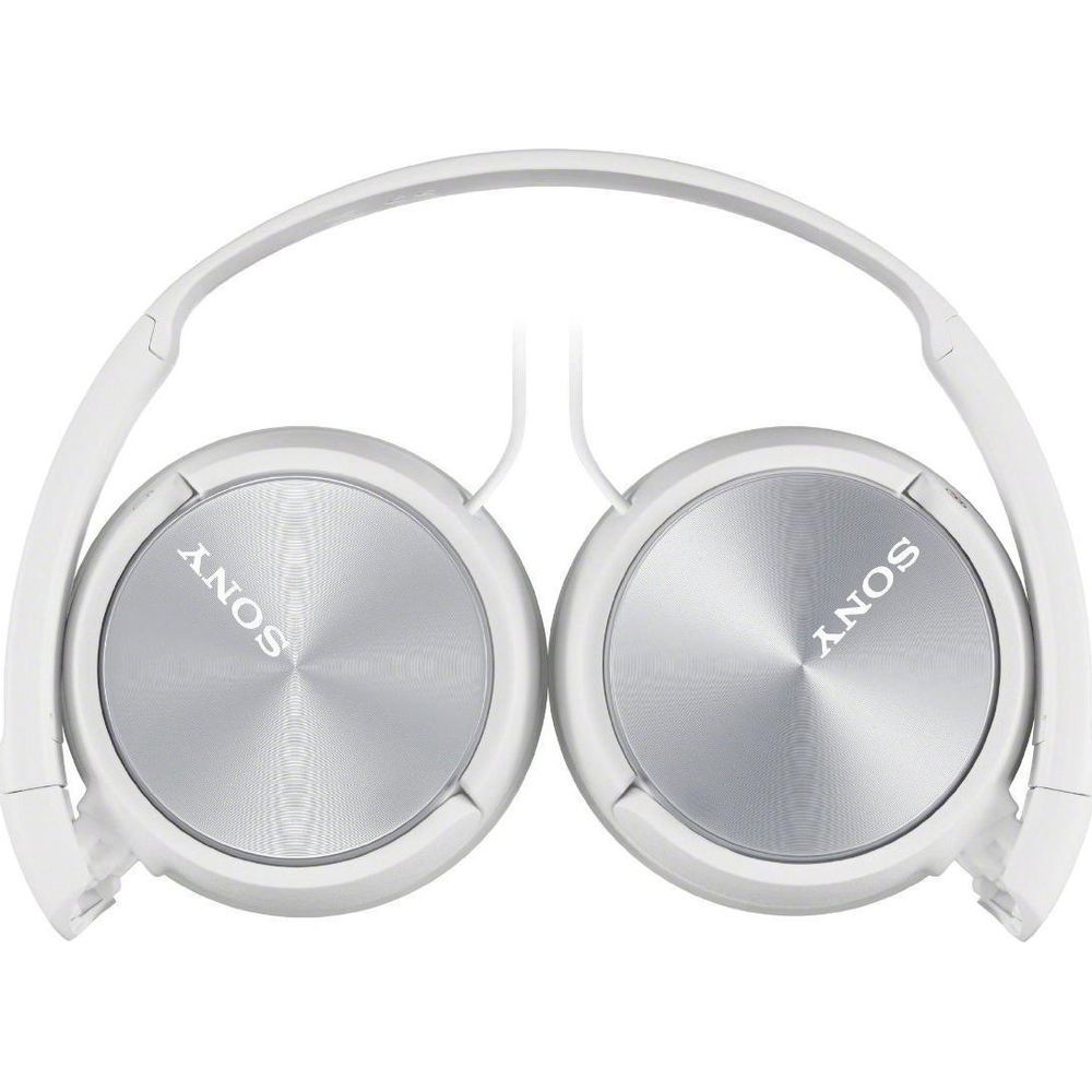 Auriculares Sony blancos con orejeras plateadas de patrón circular.