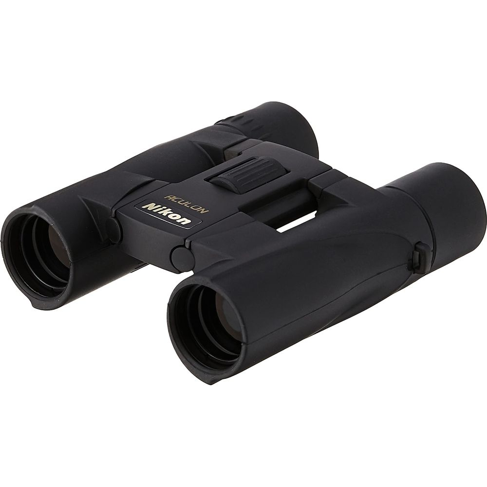 Schwarze Nikon Aculon Fernglas mit Fokusrad in der Mitte.