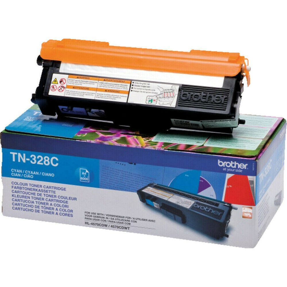 An orange and black Brother TN-328C toner cartridge on its packaging.