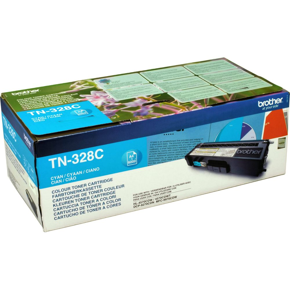 Brother TN-328C Cyan toner cartridge in its original box, with printer accessories.