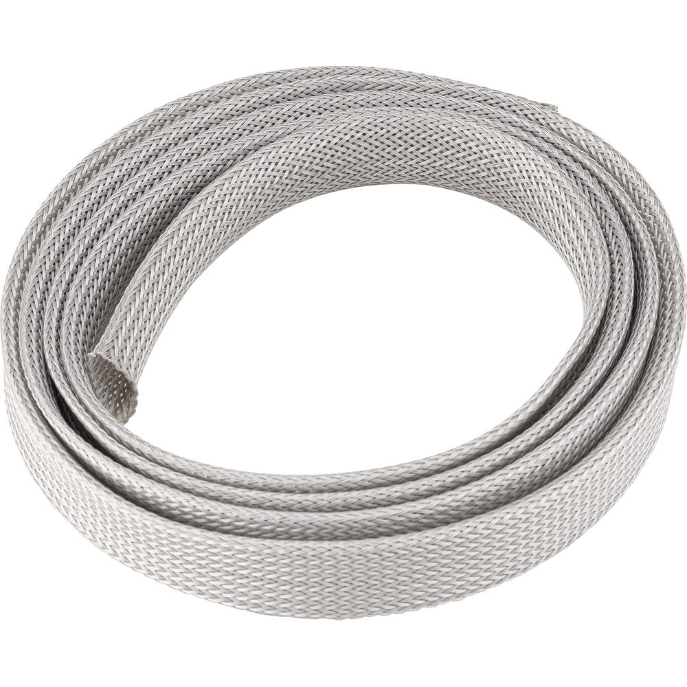 Materiale di guaina intrecciata grigia, arrotolato su sfondo bianco.
