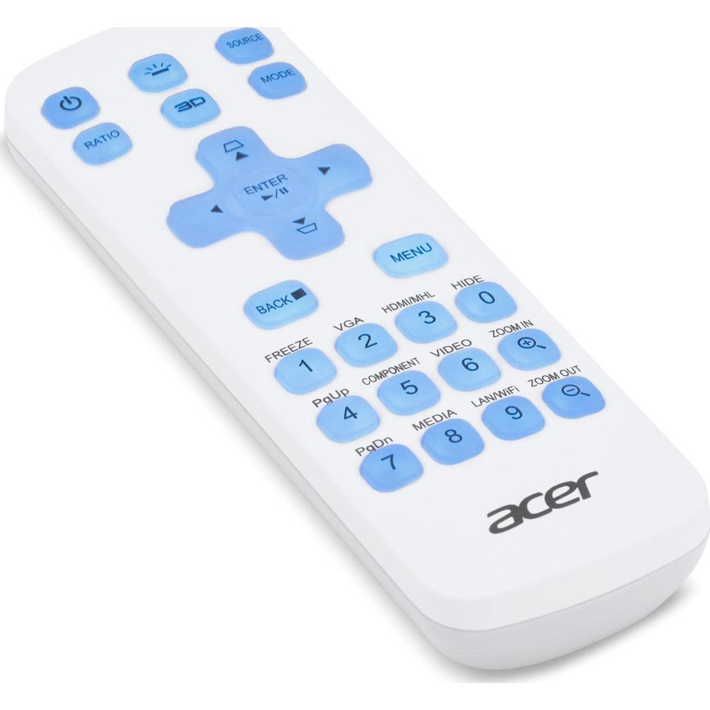 Weiße Fernbedienung mit blauen Tasten und Acer-Logo.