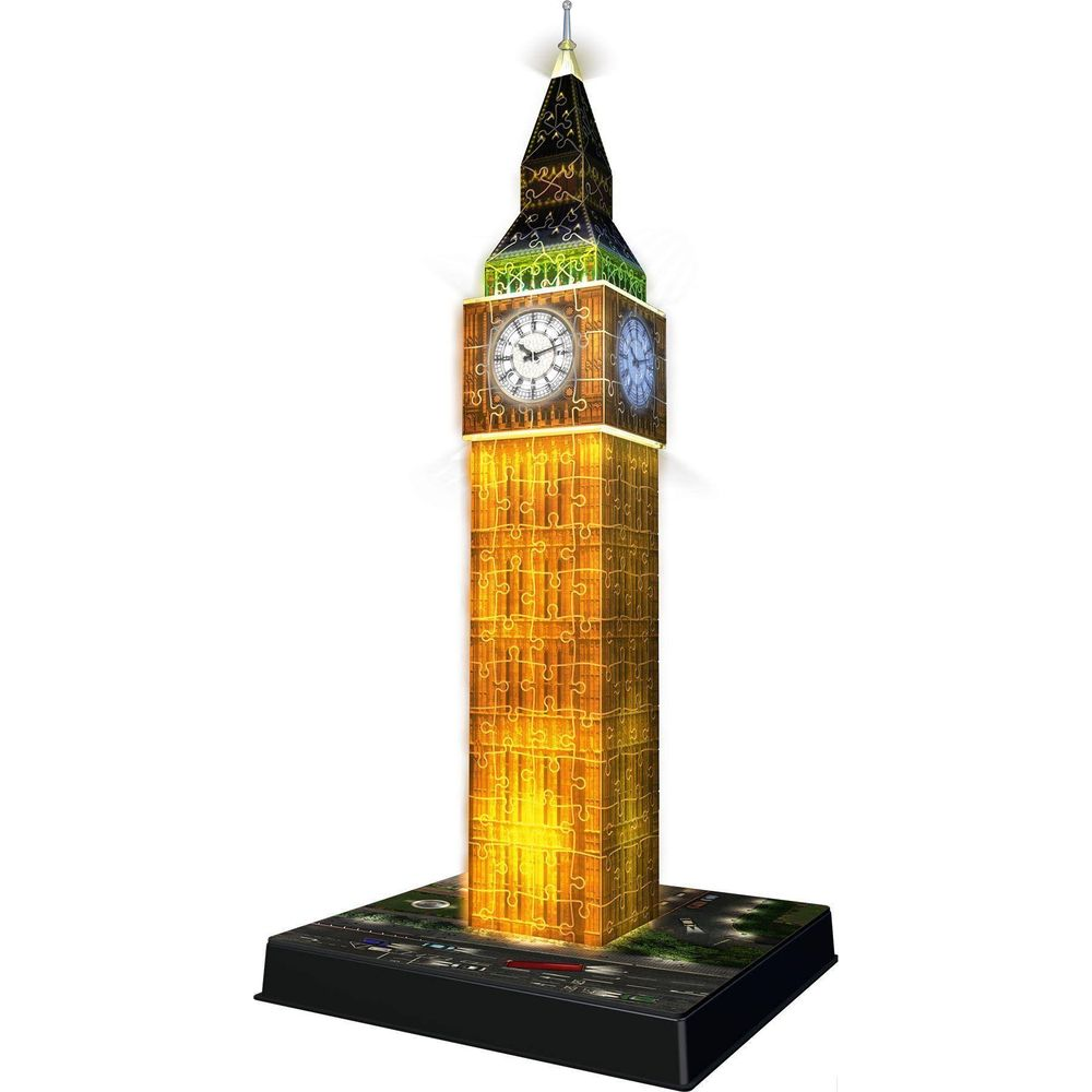 Ein 3D-Puzzle des Big Ben Uhrturms mit leuchtenden Elementen auf einem schwarzen Sockel.