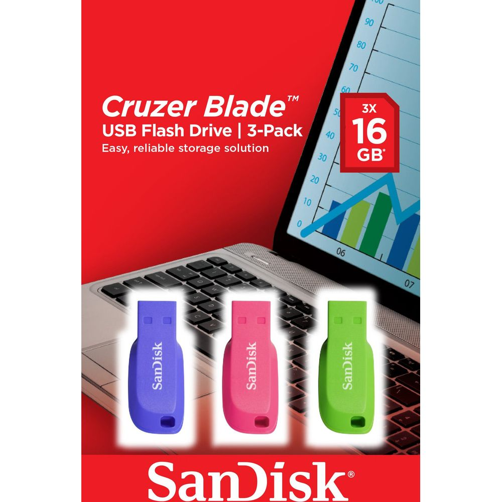 Drei SanDisk Cruzer Blade USB-Sticks (blau, pink, grün) auf einer Laptop-Tastatur.
