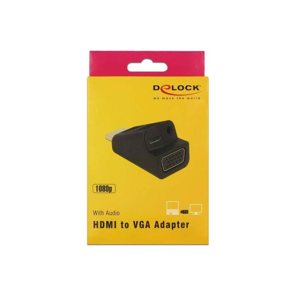 Adaptador HDMI a VGA negro con audio, 1080p, en embalaje amarillo.