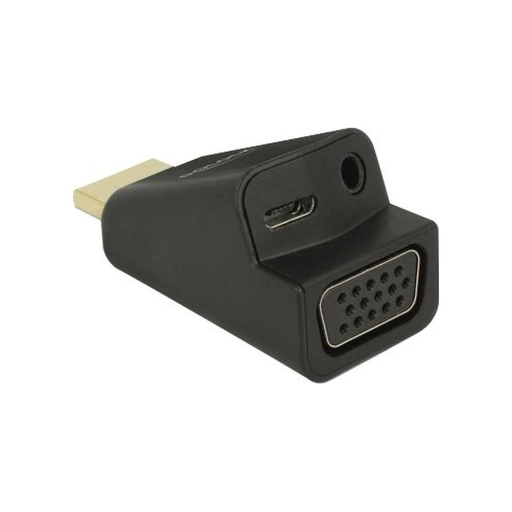 Un adaptador HDMI a VGA negro con puerto de audio y USB-C.