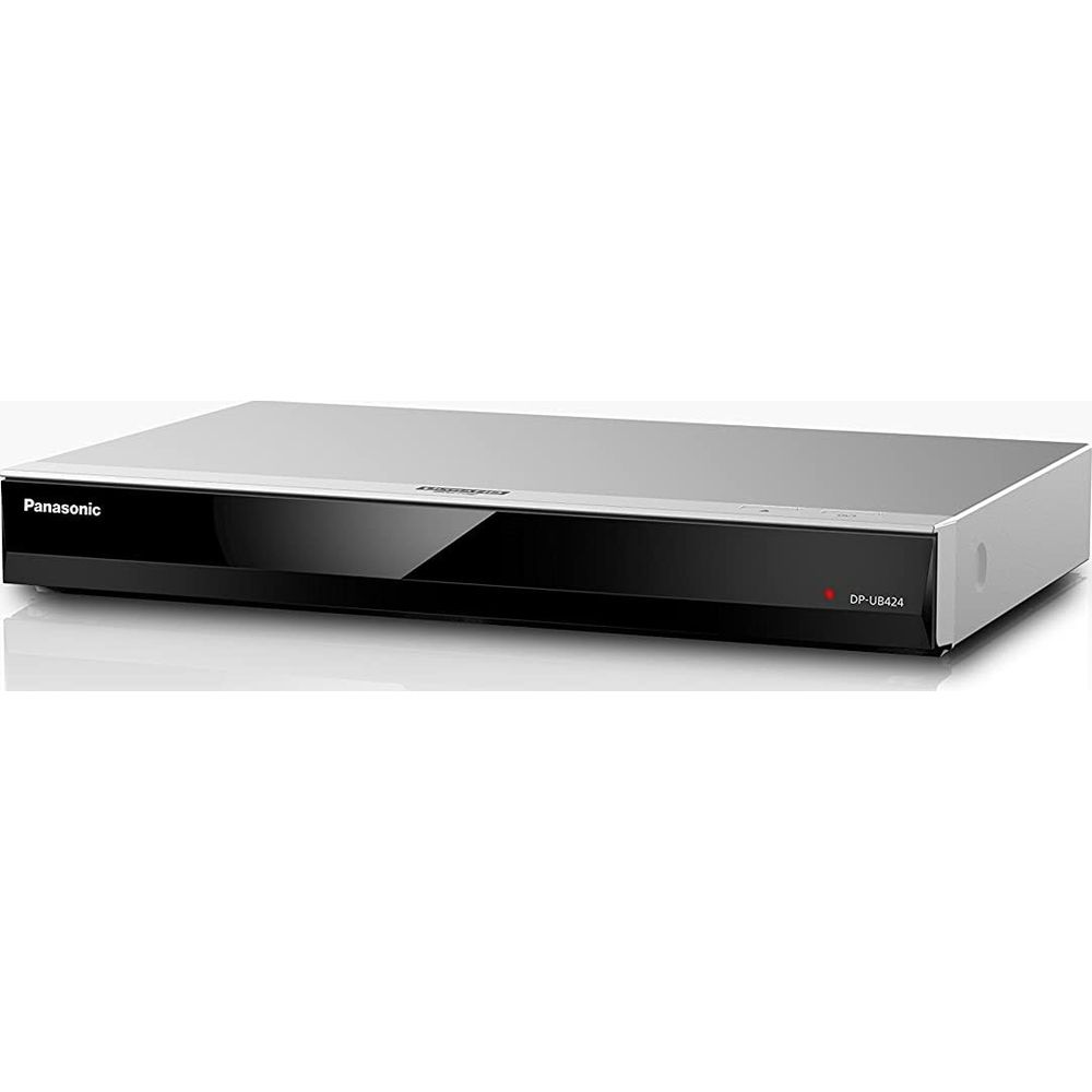 Un reproductor Blu-ray Panasonic plateado con panel frontal negro y número de modelo DP-UB424.