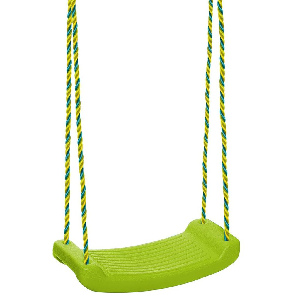 Un sedile per altalena verde con corde gialle e blu.