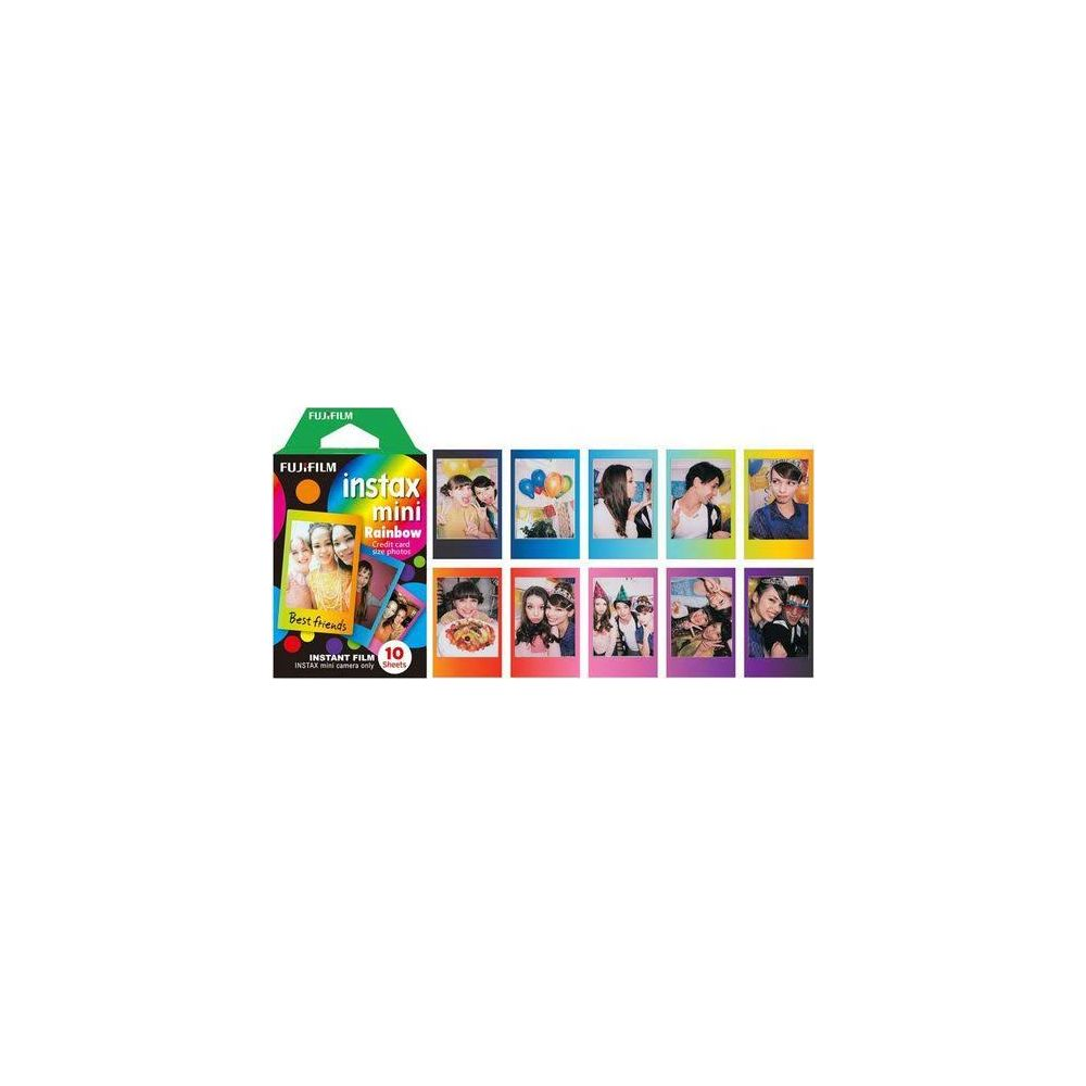 Fujifilm Instax Mini Rainbow 10 Blatt Sofortbildfilm mit bunten Fotos von Menschen.