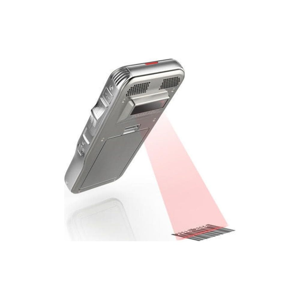 Silberner Handscanner sendet roten Laserstrahl auf einen Barcode.