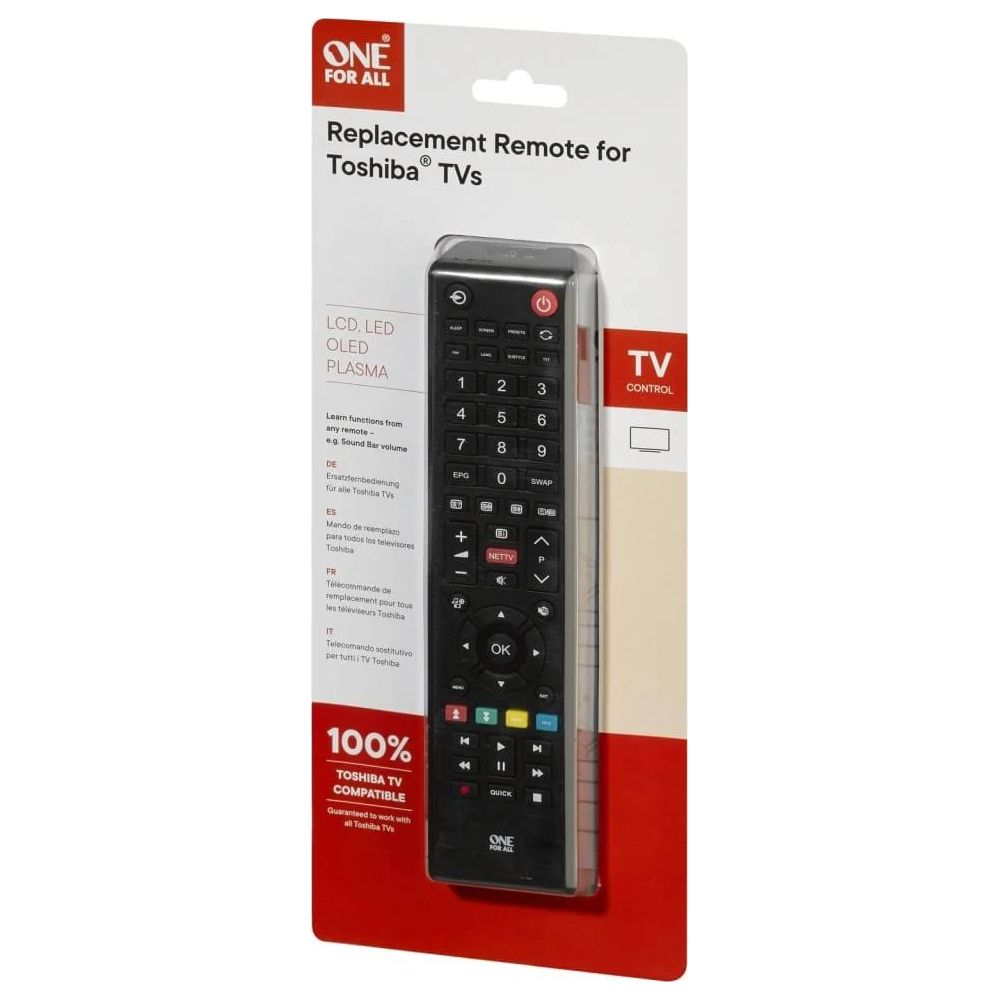 Verpackung für eine Ersatzfernbedienung für Toshiba TVs mit schwarzer Fernbedienung.