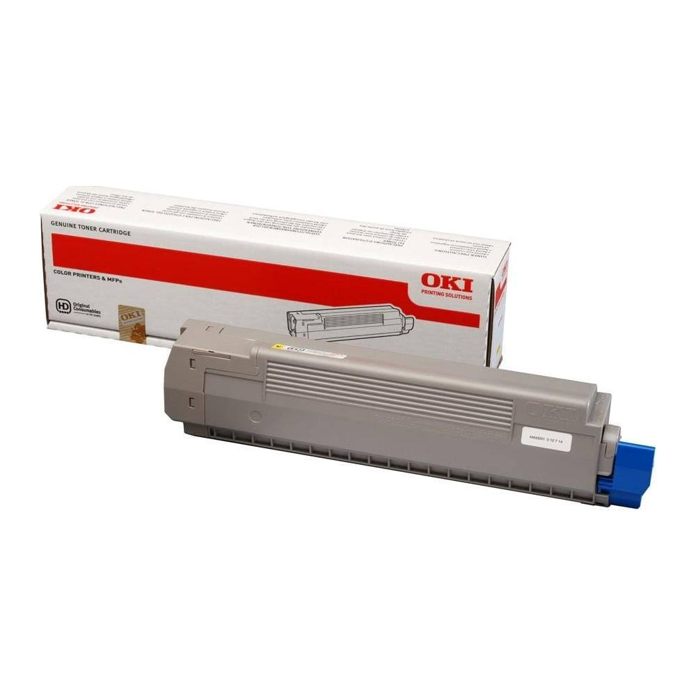 Grijze OKI toner cartridge en doos met rode streep. Tekst 'Genuine Toner Cartridge'.