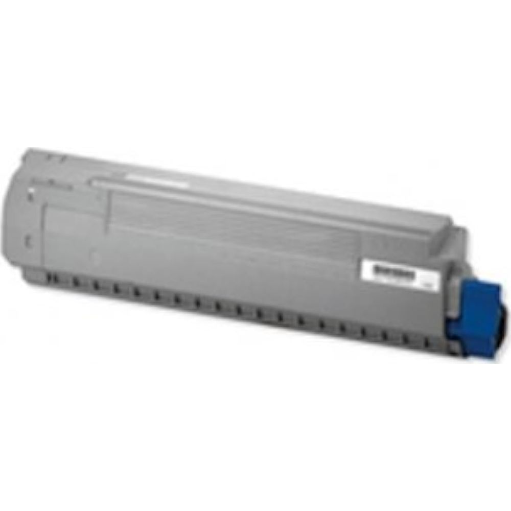 Grijze toner cartridge met blauw uiteinde, geïsoleerd op witte achtergrond.