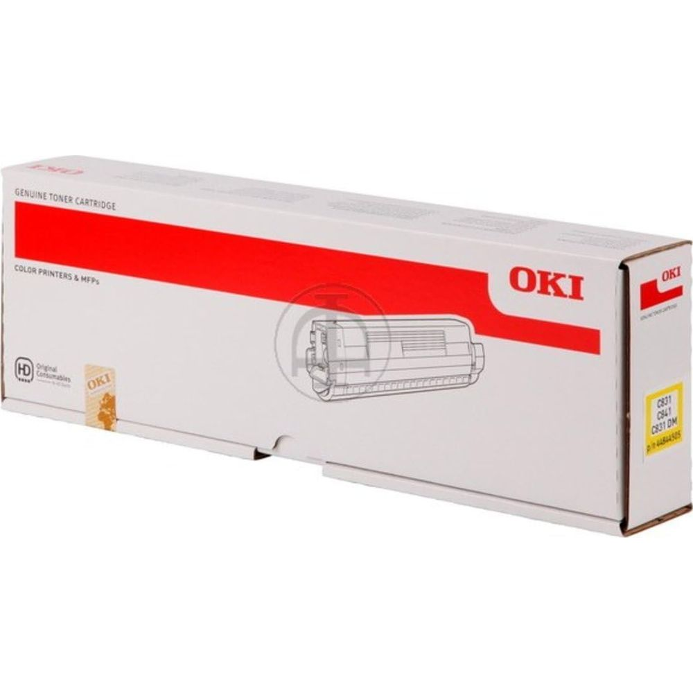 Witte OKI tonercartridge doos met rode streep en afbeelding van een cartridge.