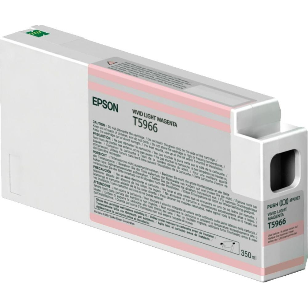 Epson T5966 VIVID LIGHT MAGENTA inktcartridge, 350 ml, met waarschuwingen.