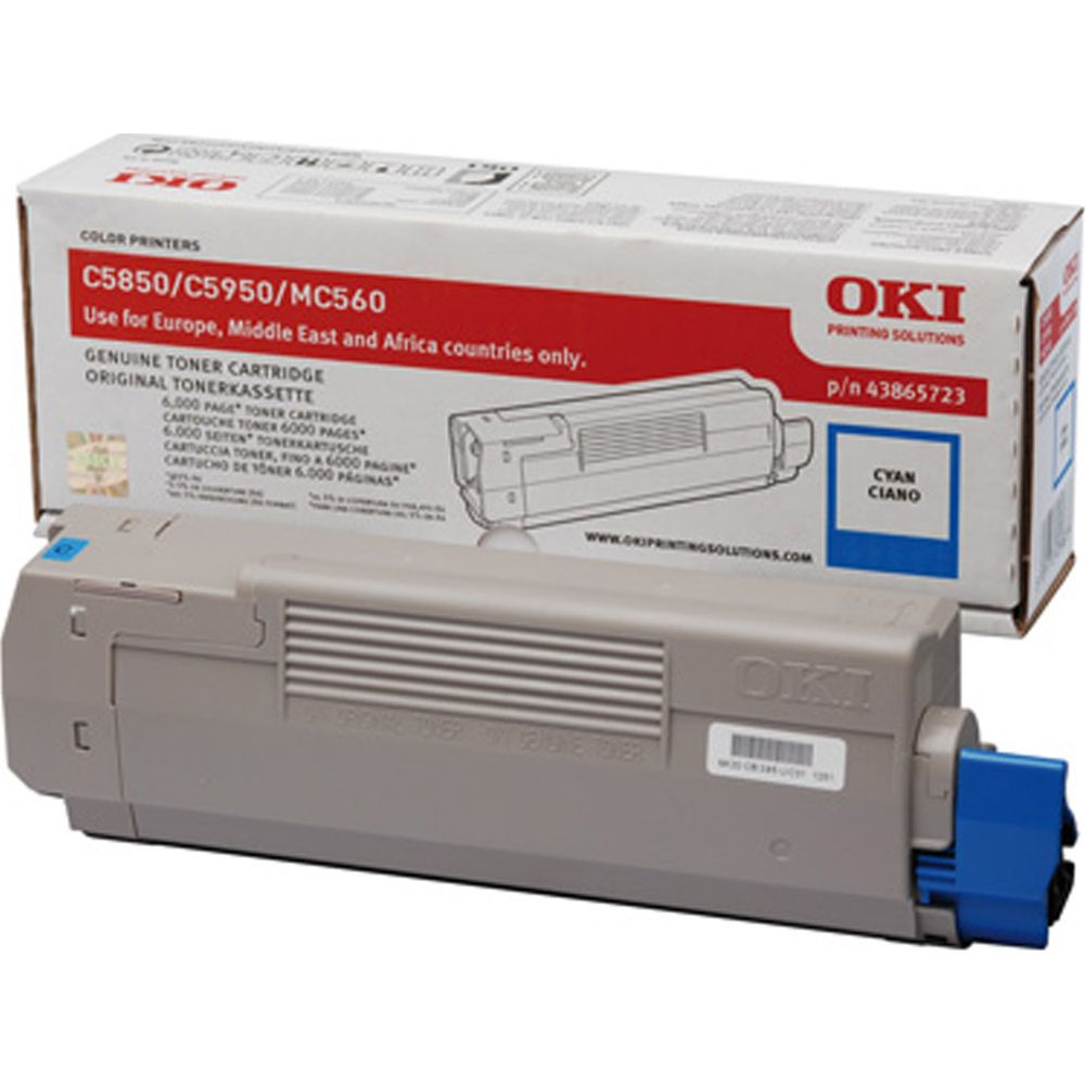 Una cartuccia toner OKI grigia per stampanti C5850/C5950/MC560, colore ciano.